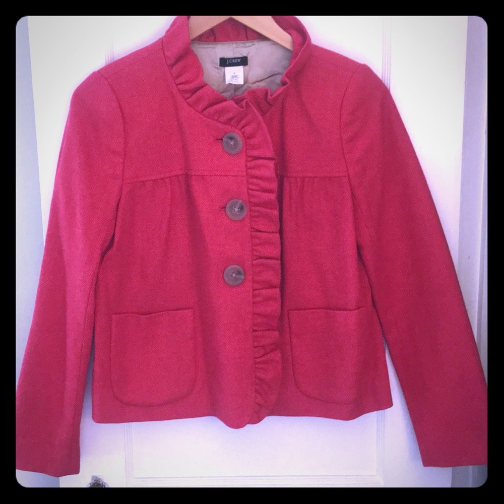 J. Crew coral ruffled herringbone wool blazer